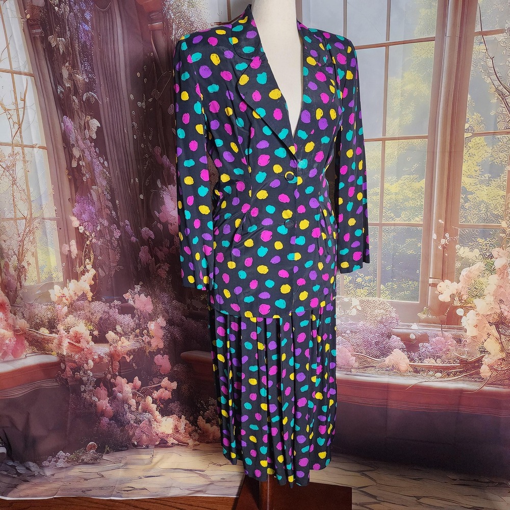 M Vintage 80s 2-Piece Set, Black with Colorful Polkadots, Size 10/12